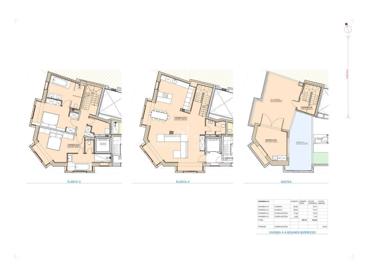 Architectural floor plan of a three-story residence including bedrooms, open-plan living area, and roof terrace with pool.