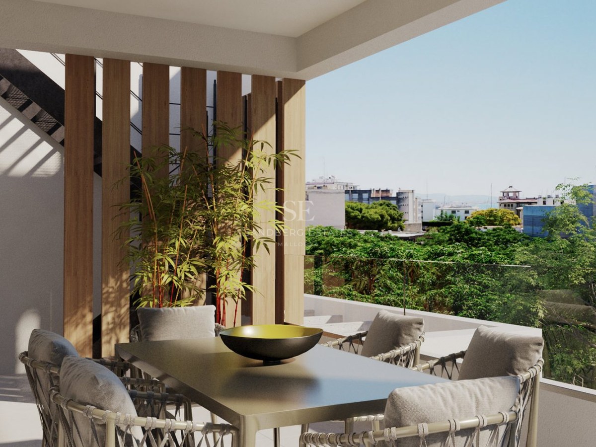 Covered terrace featuring a modern dining table, woven chairs, wood slat wall, and glass railing overlooking the city.