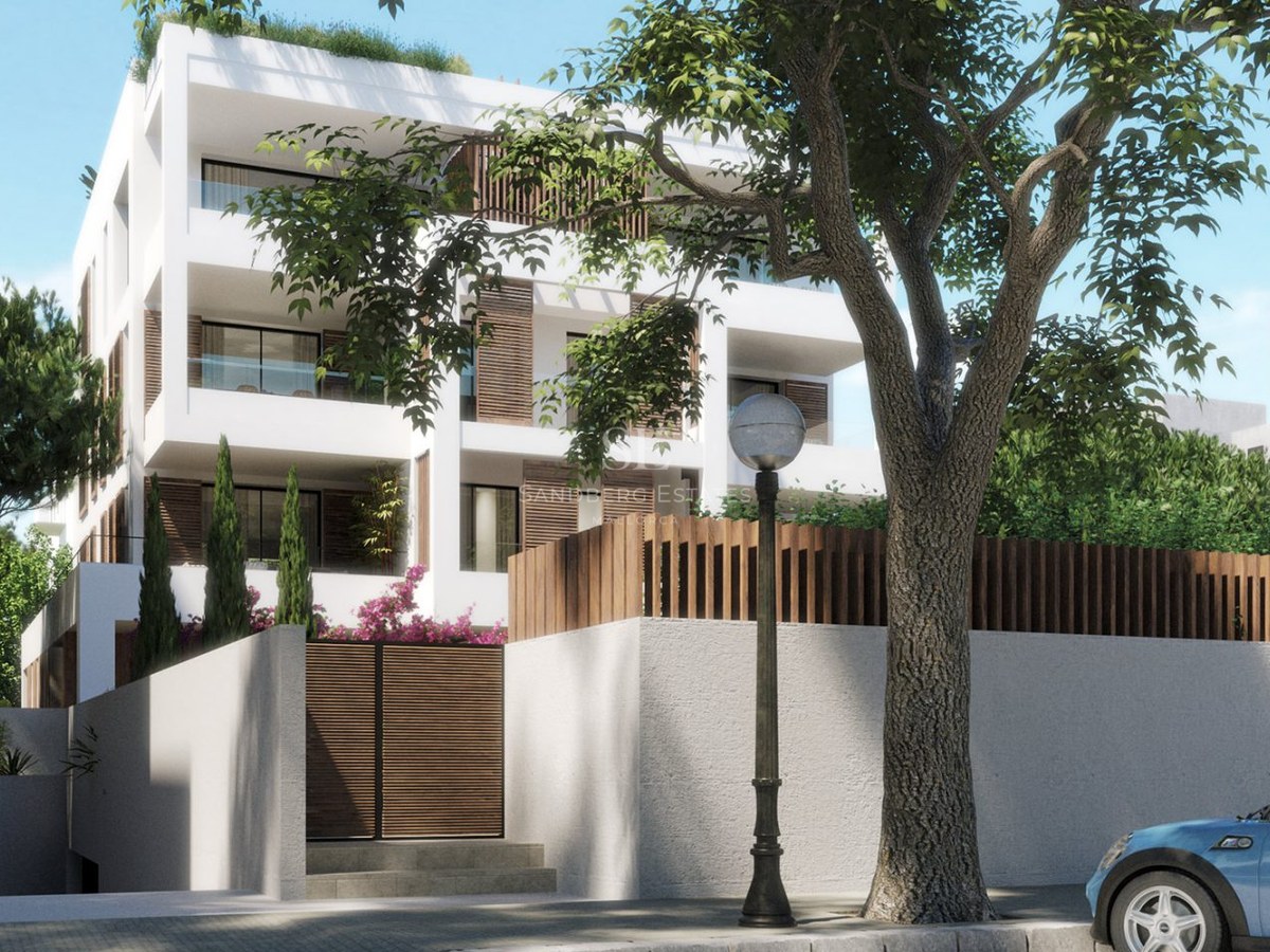 Modern white building with glass balconies, wooden shutters, and a large tree in the foreground.