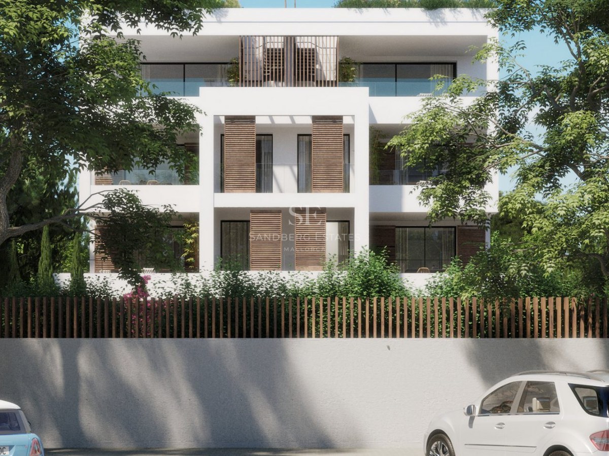 Front view of a white modern multi-story apartment building with wooden shutters, glass balconies, and lush greenery.