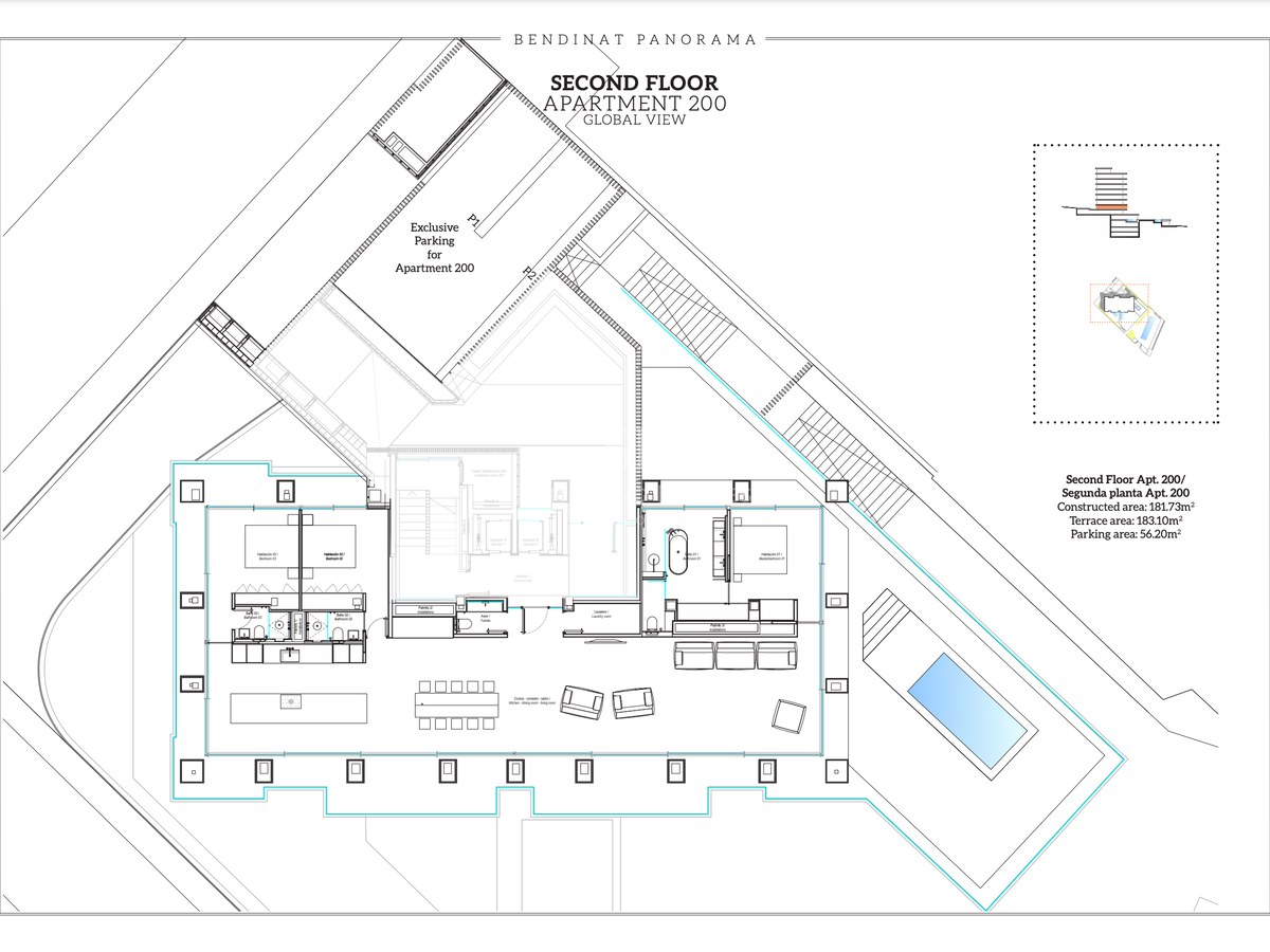 Architectural floor plan of a luxury 3-bedroom apartment with a large terrace and private pool.