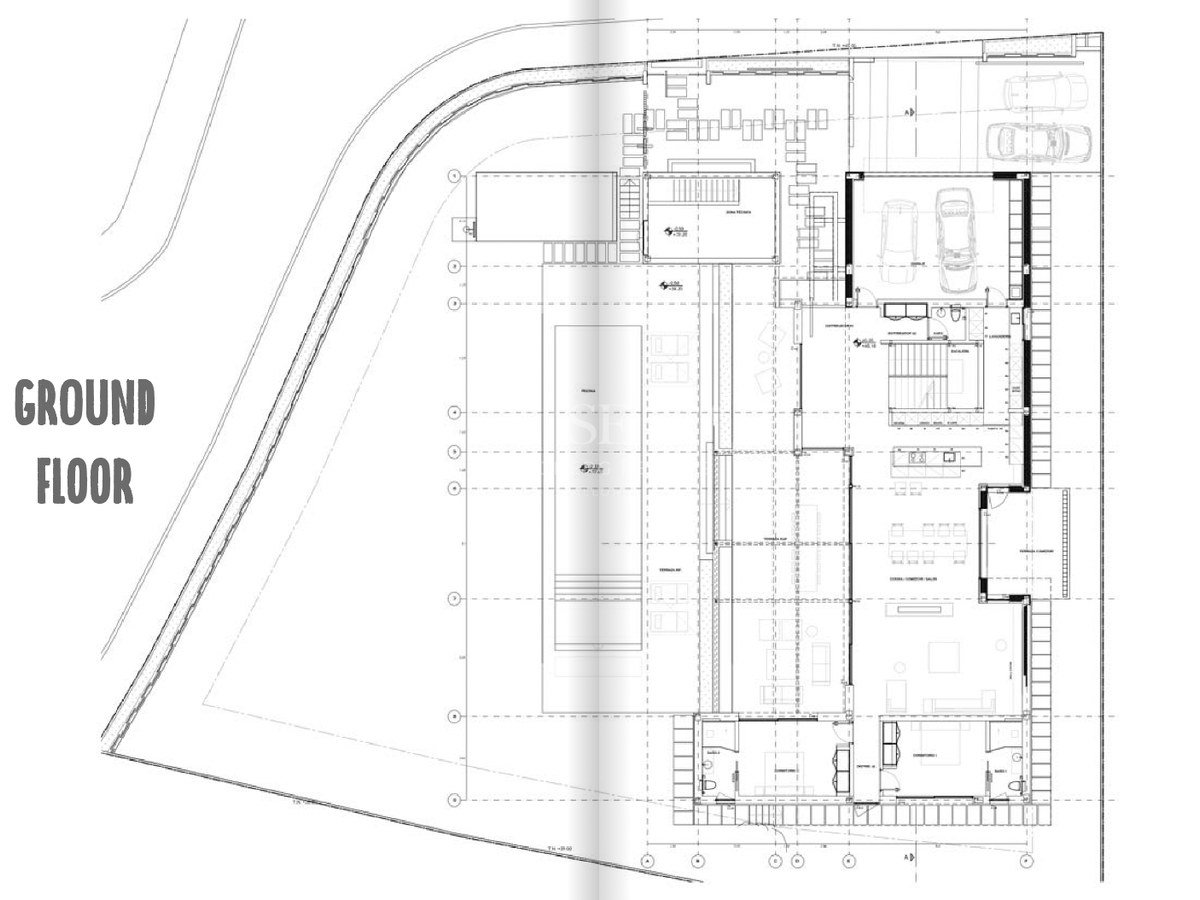 Detailed technical floor plan of a luxury villa ground floor featuring a large pool, open-plan living, and garage.