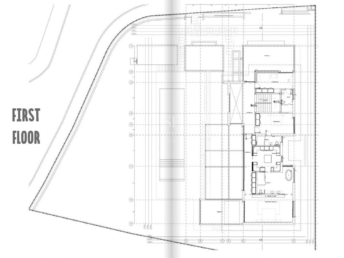 Detailed technical floor plan of the first floor featuring the master suite, bedrooms, and expansive terrace areas.
