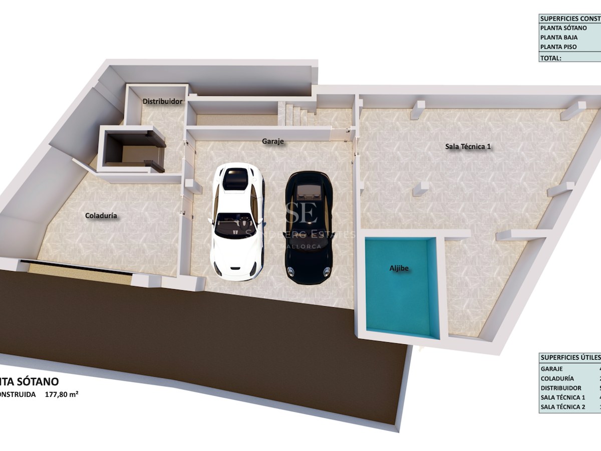 3D architectural floor plan of a modern basement featuring a two-car garage, technical rooms, and elevator access.