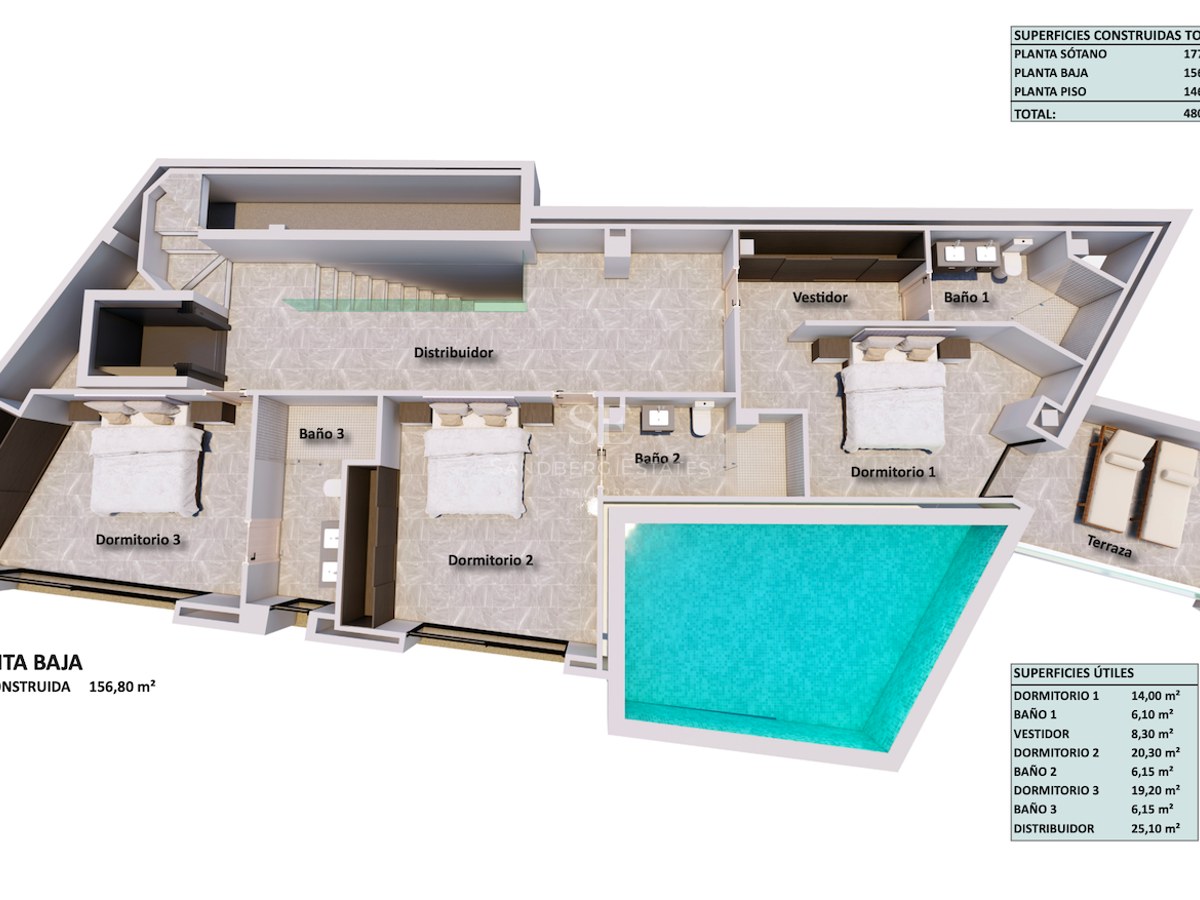 3D floor plan of a ground floor layout featuring three en-suite bedrooms, terrace, and private integrated pool.