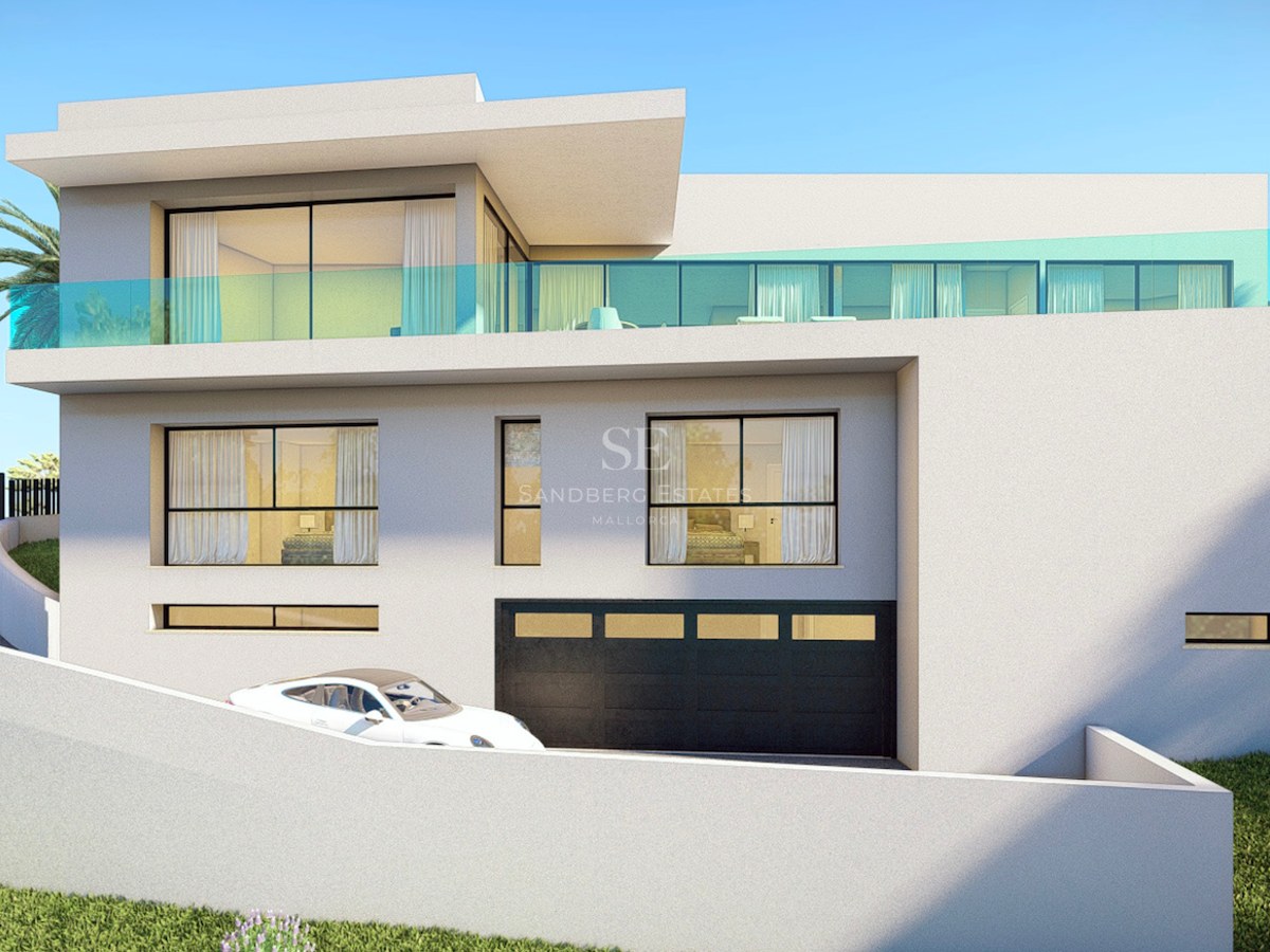 Front facade of a white contemporary three-story villa with glass balconies and an integrated garage.