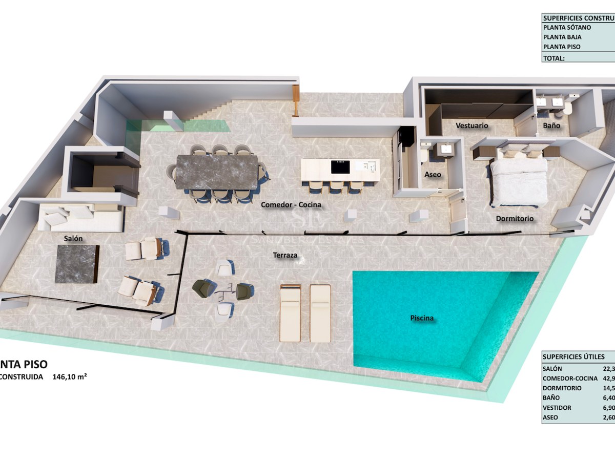 3D floor plan showing living room, open kitchen, master bedroom, large terrace, and integrated swimming pool.