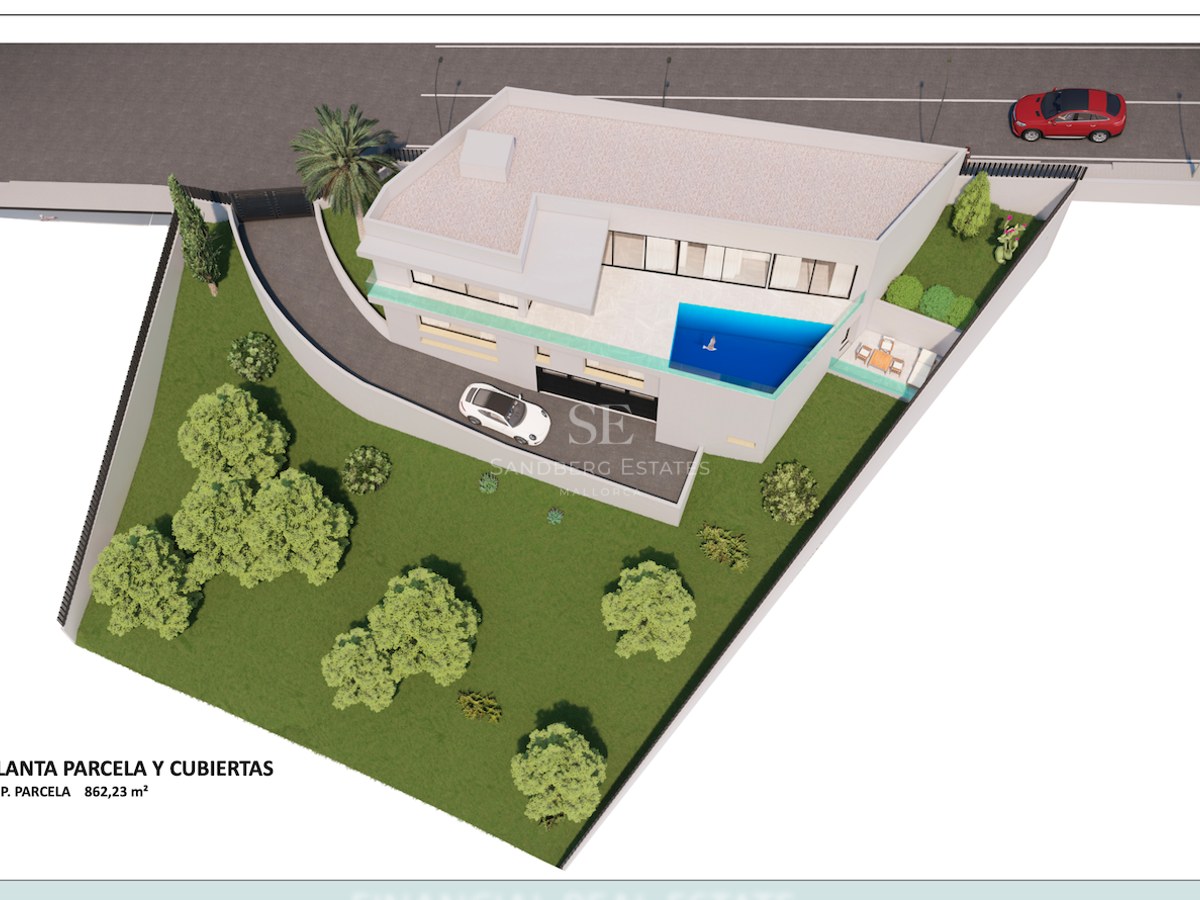Aerial 3D rendering of a modern villa plot including swimming pool, garden areas, and driveway.