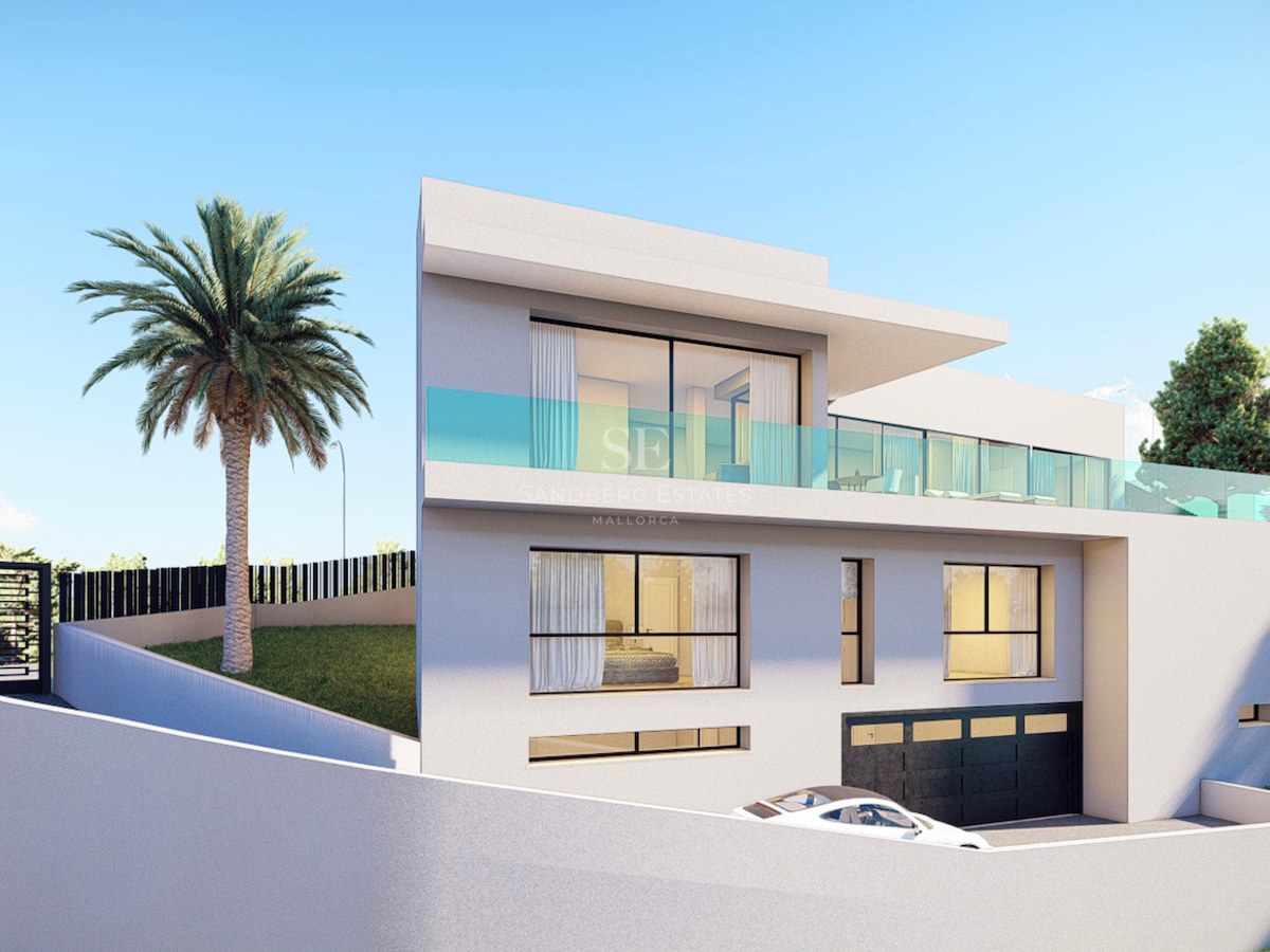A multi-level modern white villa featuring glass balconies, floor-to-ceiling windows, a palm tree, and garage entrance.