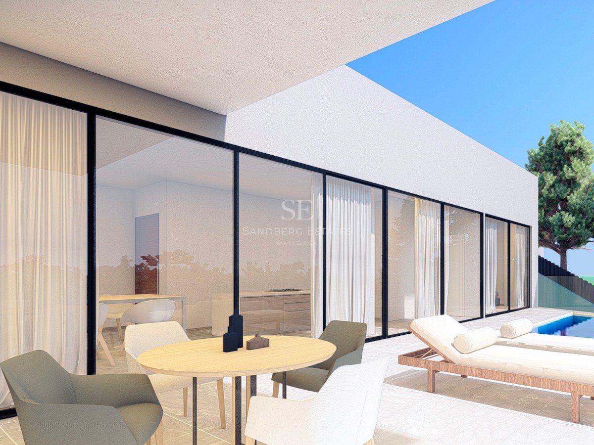 Minimalist villa terrace featuring a rectangular pool, wooden sun loungers, and a dining set with floor-to-ceiling glass.