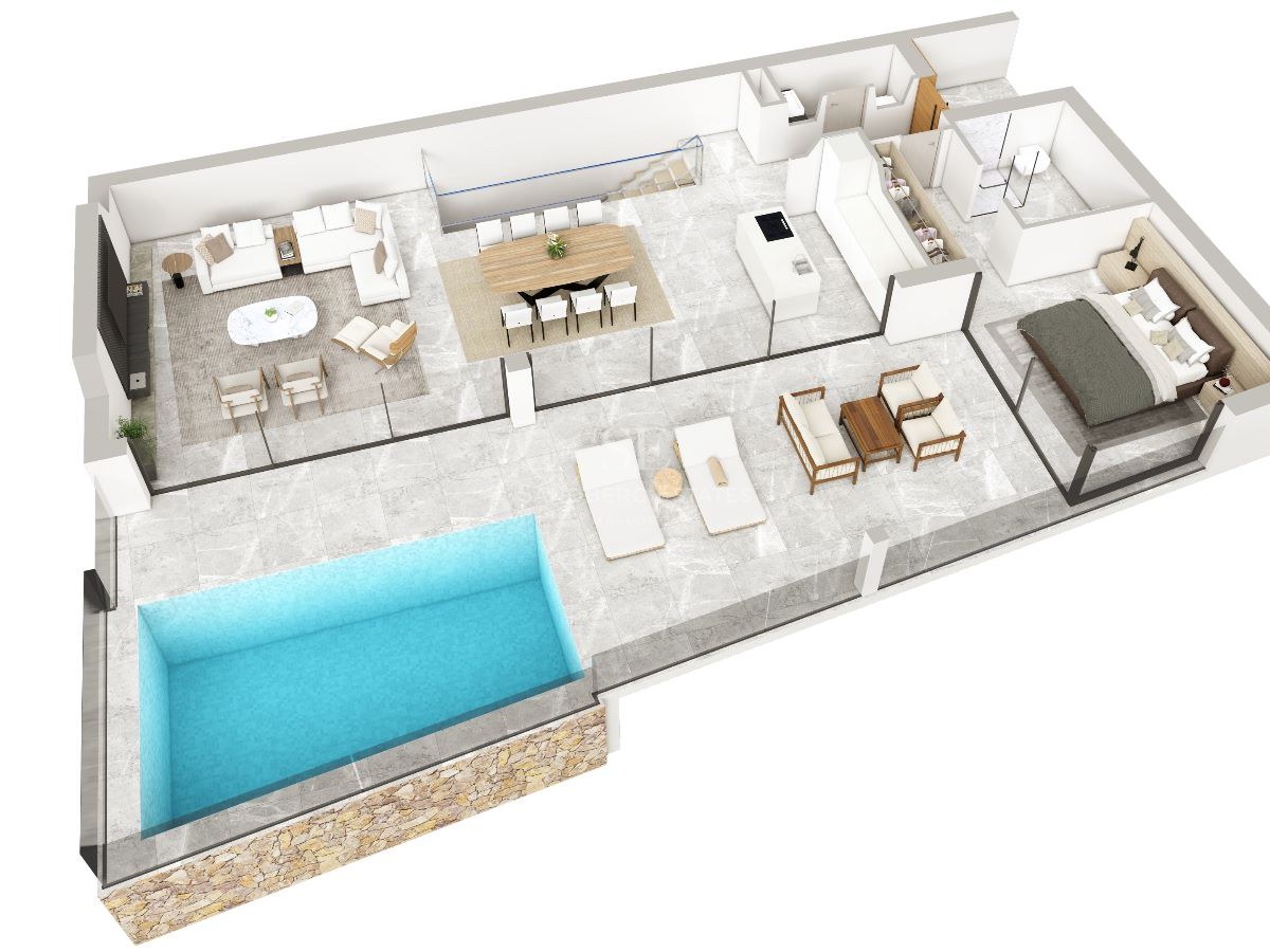 Plano 3D de un apartamento de lujo con zona de estar abierta, suite principal y terraza con piscina privada.