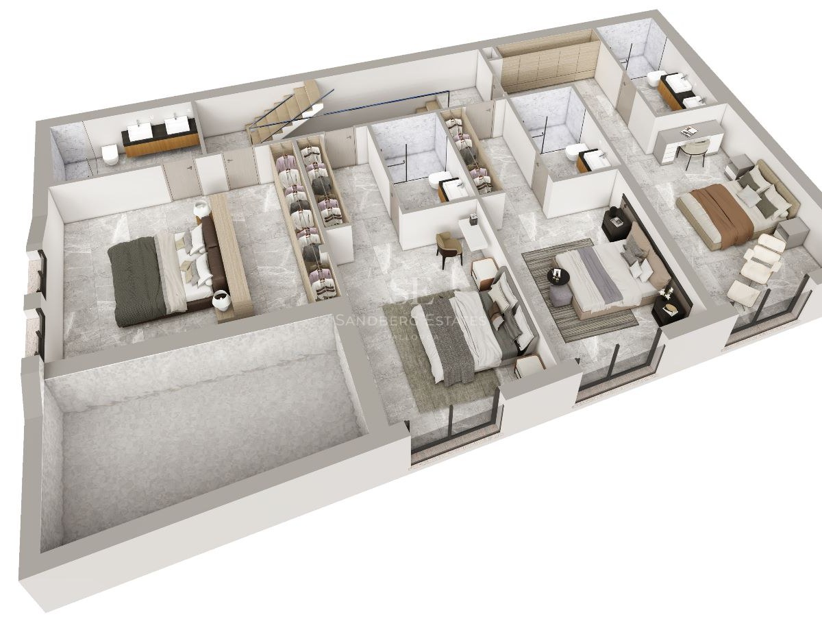 Plano arquitectónico 3D de tres dormitorios con baños en suite, vestidores y suelos de mármol gris.