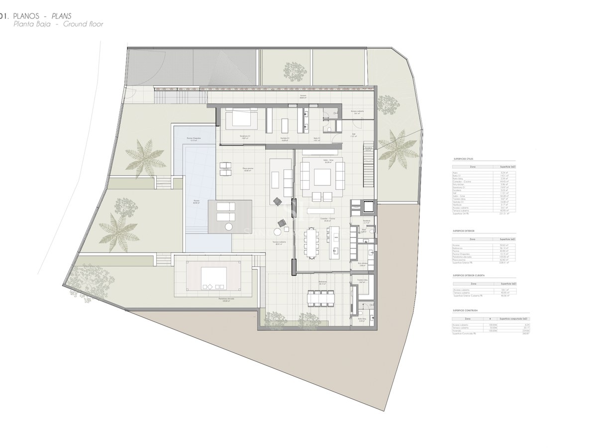 Plan architectural détaillé du rez-de-chaussée montrant les espaces de vie, la cuisine, la piscine et les terrasses.