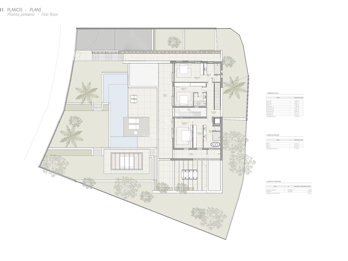 Plan technique d'une villa moderne montrant l'agencement des pièces, de la piscine, de la terrasse et du jardin.