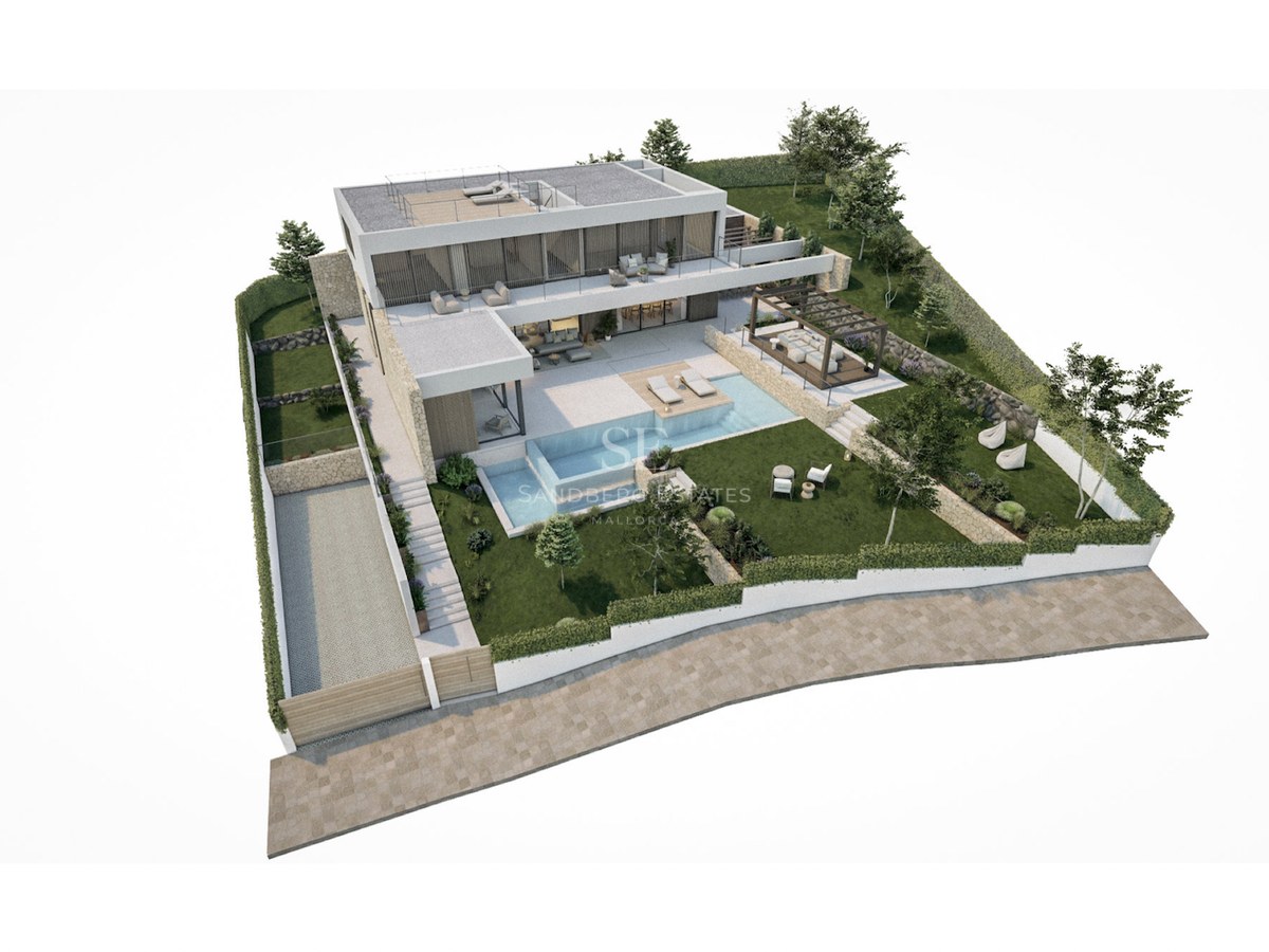 Rendu 3D d'une villa blanche moderne avec piscine à plusieurs niveaux, pelouse et murs en pierre.