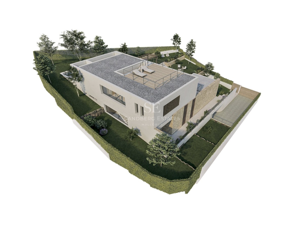 Vue aérienne 3D d'une villa contemporaine blanche avec toit-terrasse, jardin paysager et parking privé.