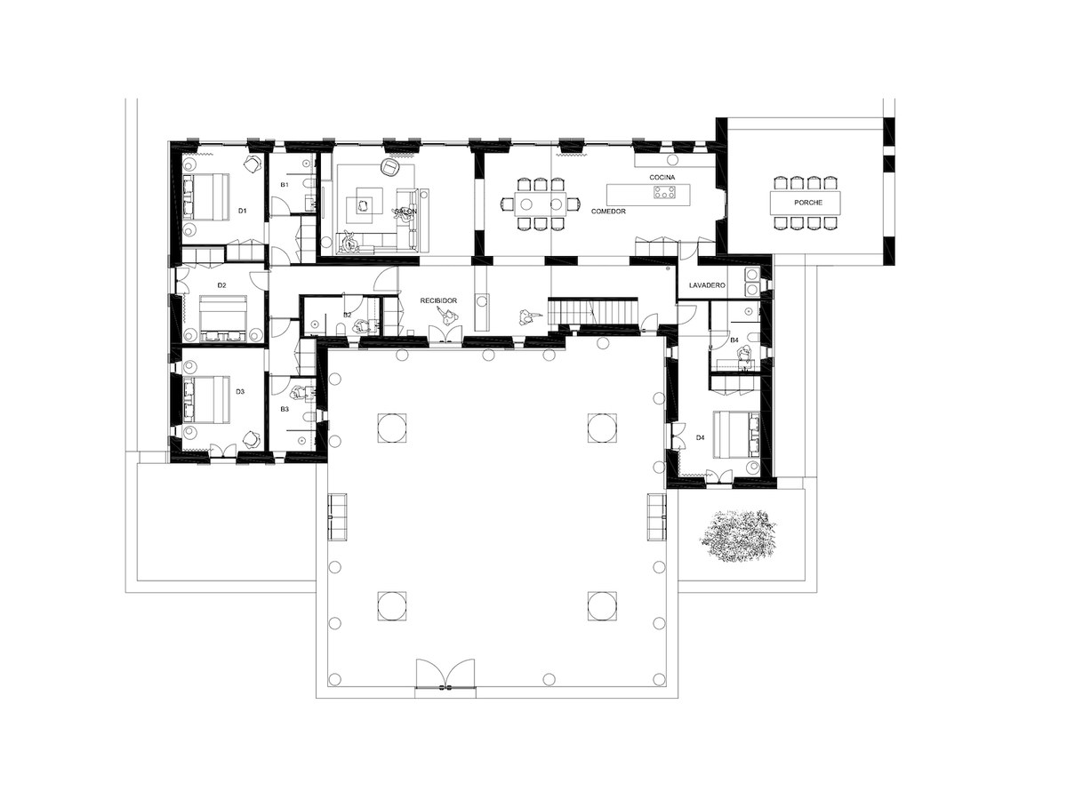Technical 2D architectural floor plan showing a four-bedroom villa layout with central patio and expansive porch.