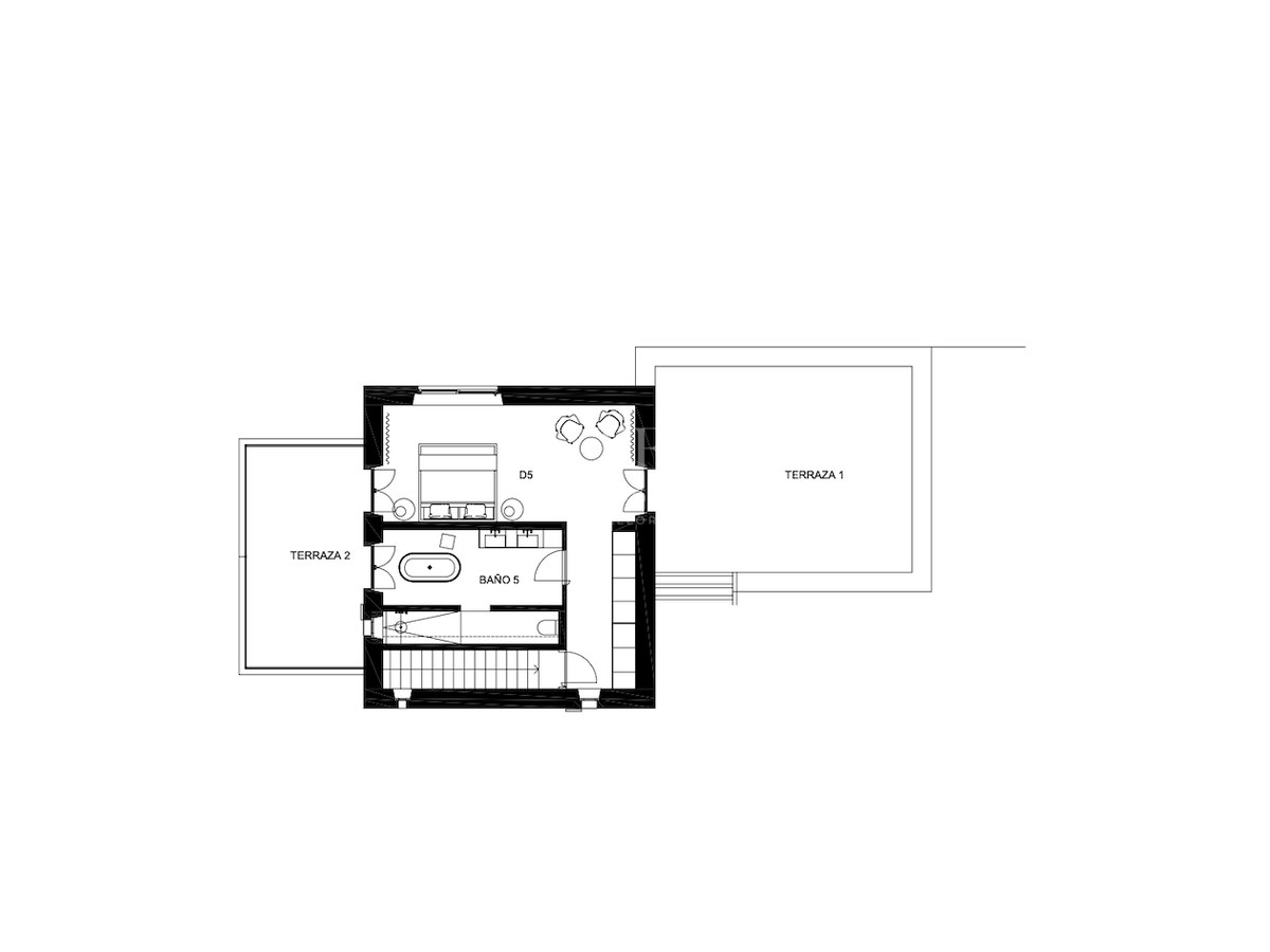 Technical floor plan of a master bedroom featuring an en-suite bathroom, walk-in closet, and two private terraces.