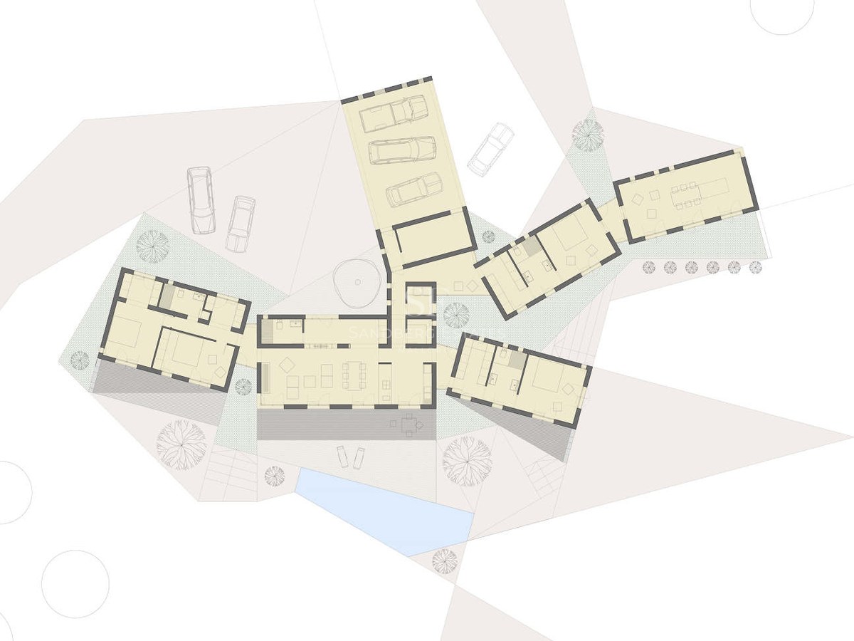 Architectural site plan showing the layout of a modern multi-wing villa with a pool and parking area.