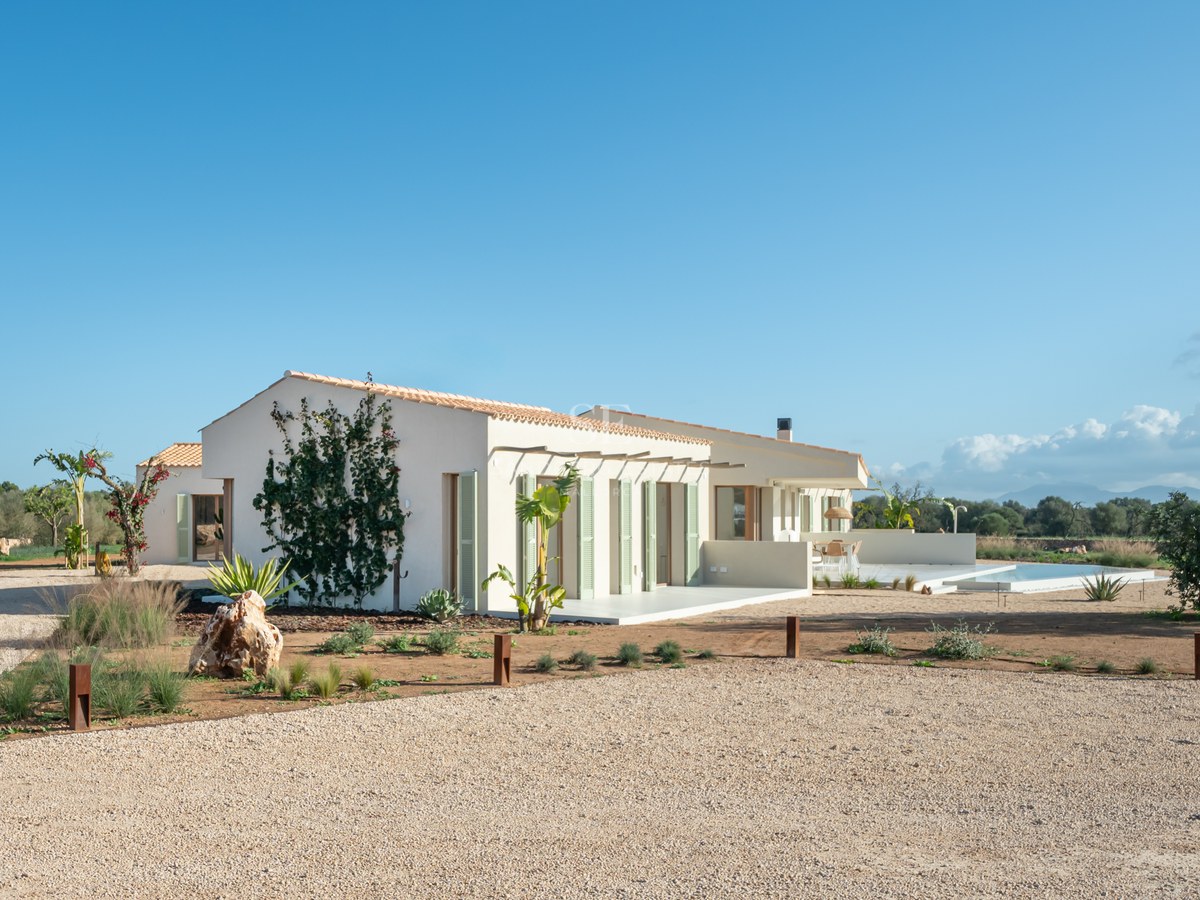 Facade of a modern villa with cream walls, sage green shutters, and a gravel driveway under a clear blue sky.