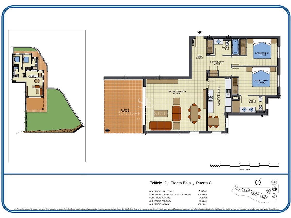 Detailed technical floor plan of a two-bedroom ground floor apartment featuring a porch and large private garden.