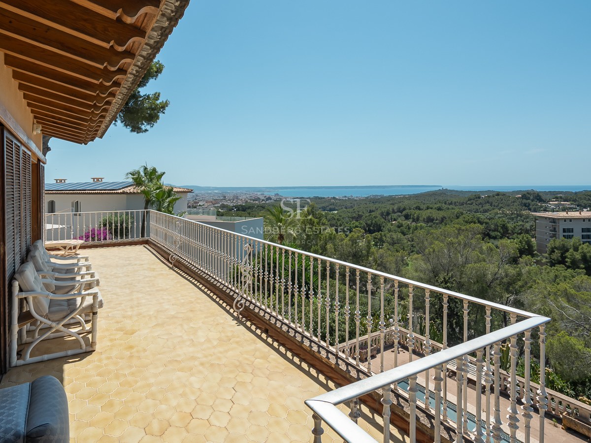 Terraza mediterránea con baldosas de terracota y barandilla blanca con vistas a un bosque de pinos y al mar.