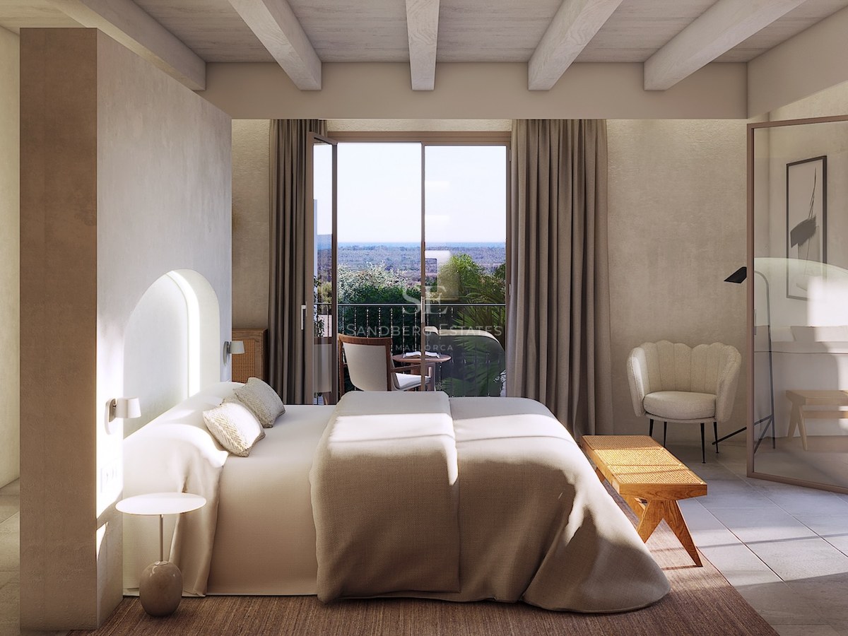 Modern Mediterranean master bedroom with exposed wooden beams, private terrace access, and neutral interior design.