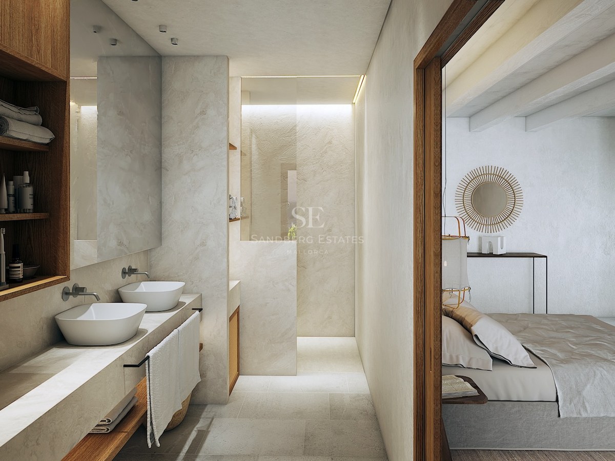 Minimalist master bathroom featuring dual vessel sinks on a stone vanity, oak shelving, and a walk-in shower.