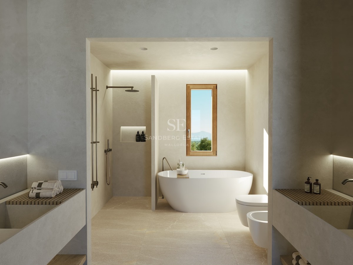 Modernes minimalistisches Badezimmer mit weißer ovaler Badewanne, begehbarer Dusche und Doppelwaschbecken.