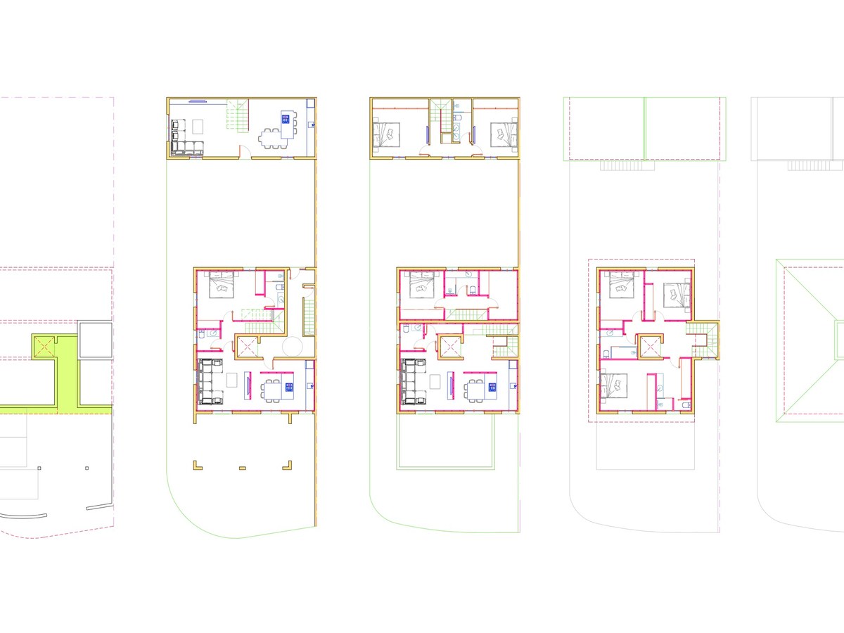 Teknisk arkitektonisk planritning som visar planlösningen för en lyxvillas olika våningsplan och trädgård.