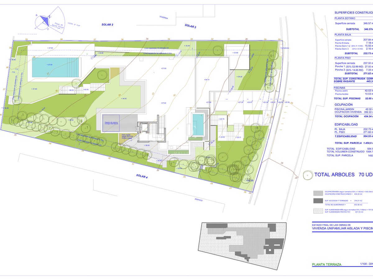 En detaljerad arkitektonisk tomtplan som visar husets fotavtryck, två pooler, trädgårdsplanering och ytmätningar.