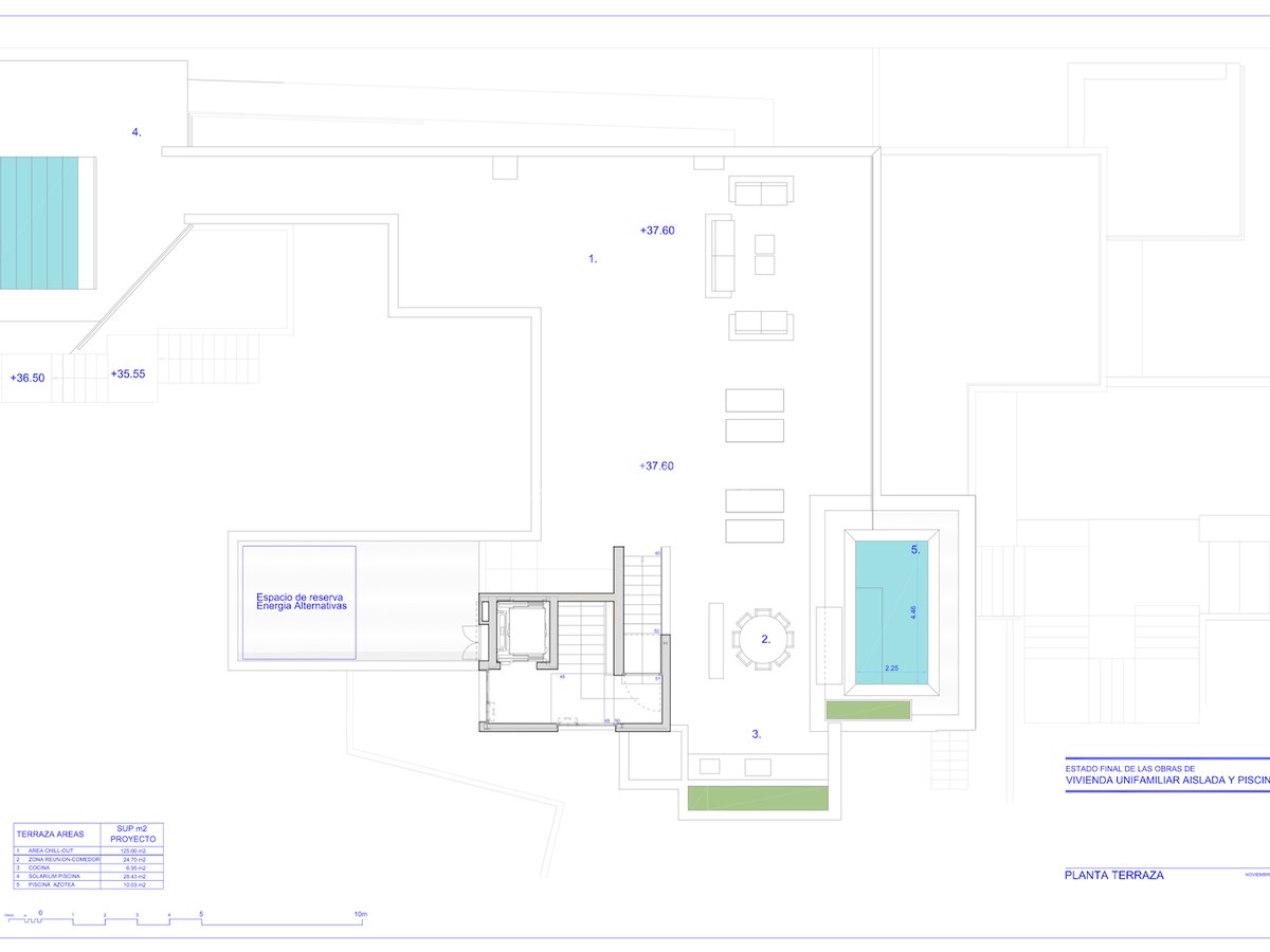 Arkitektonisk planritning av en takterrass med pool, chill-out-område, matplats och utekök.