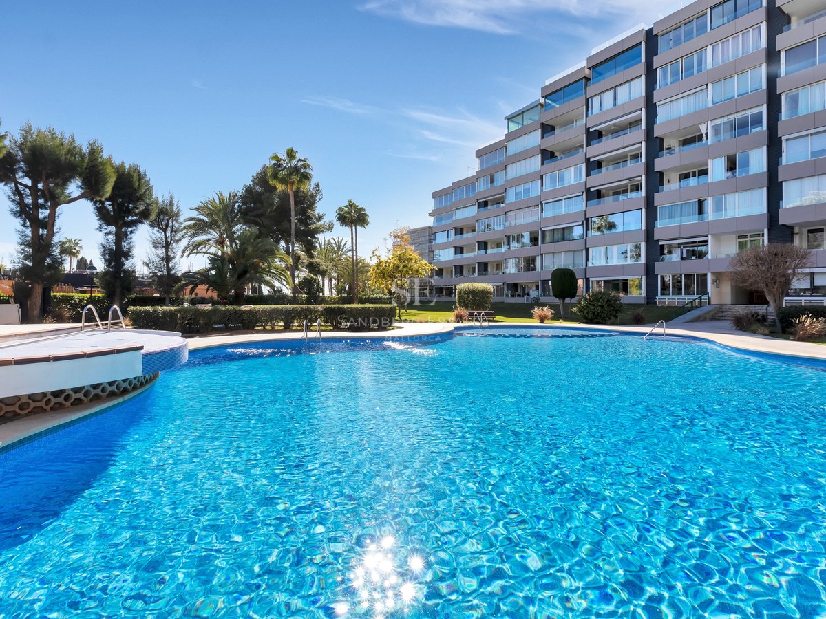 Grande piscine extérieure aux eaux bleues devant un immeuble d'appartements moderne entouré de palmiers.