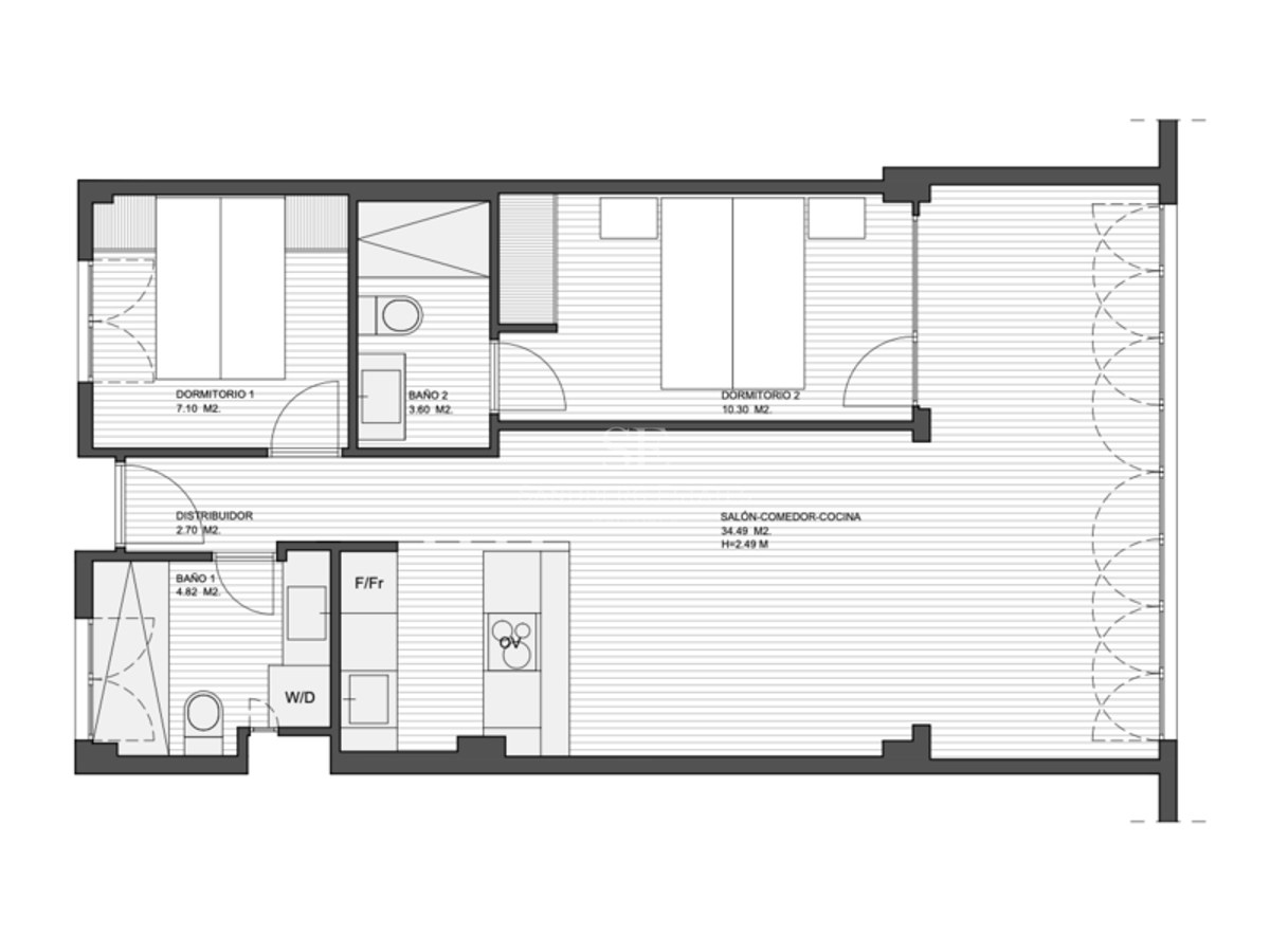Plan 2D montrant deux chambres, deux salles de bains et un espace de vie ouvert avec cuisine intégrée.