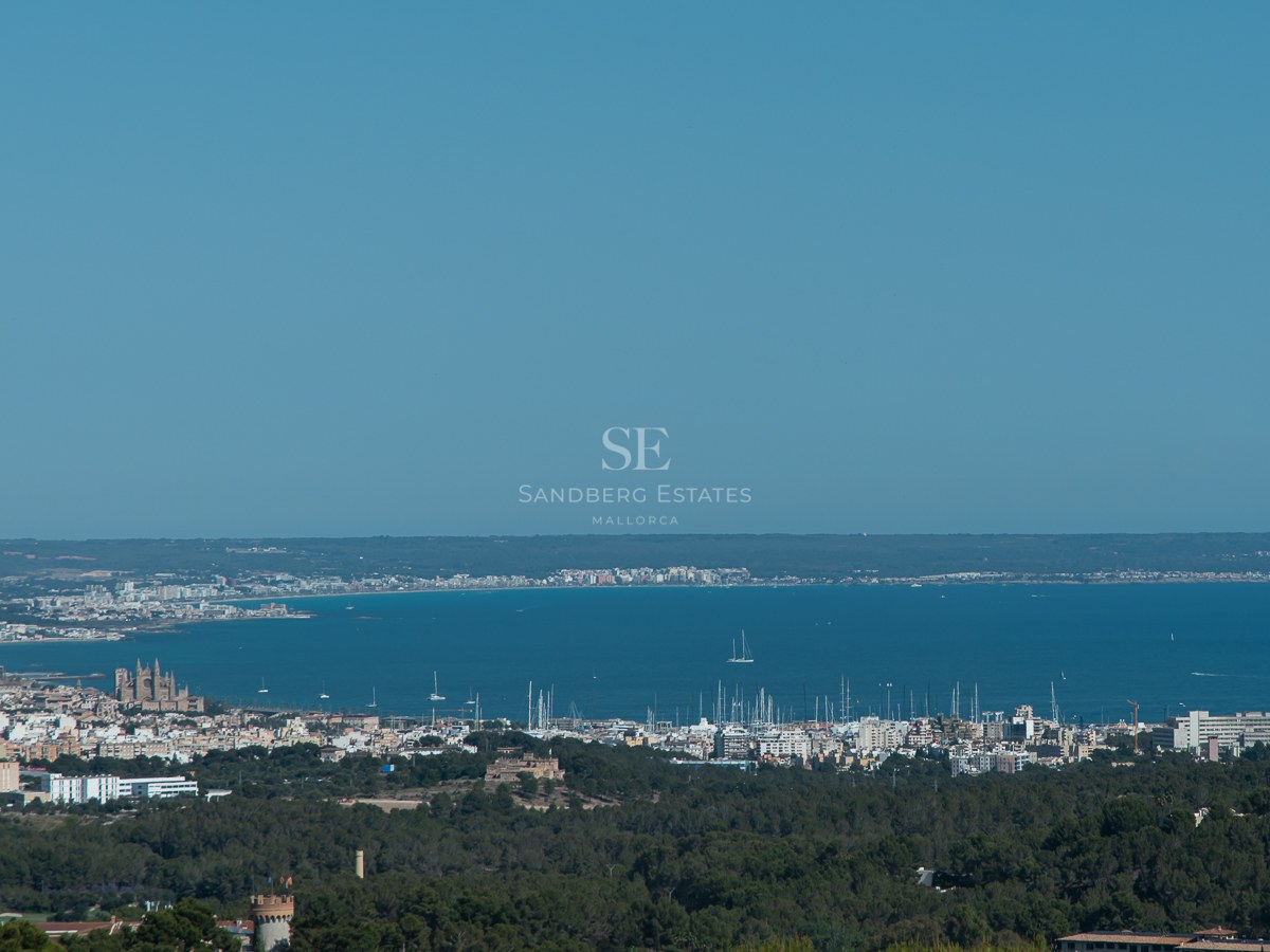 Elevated wide-angle view of Palma de Mallorca's coastline, featuring the Gothic cathedral and a yacht-filled marina.