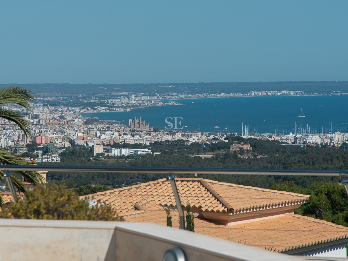 Elevated view of Palma de Mallorca bay, the cathedral, and harbor from a terrace with a glass railing.