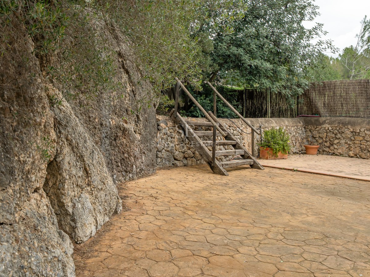 Patio extérieur rustique avec une falaise en pierre naturelle, des escaliers en bois et une végétation luxuriante.