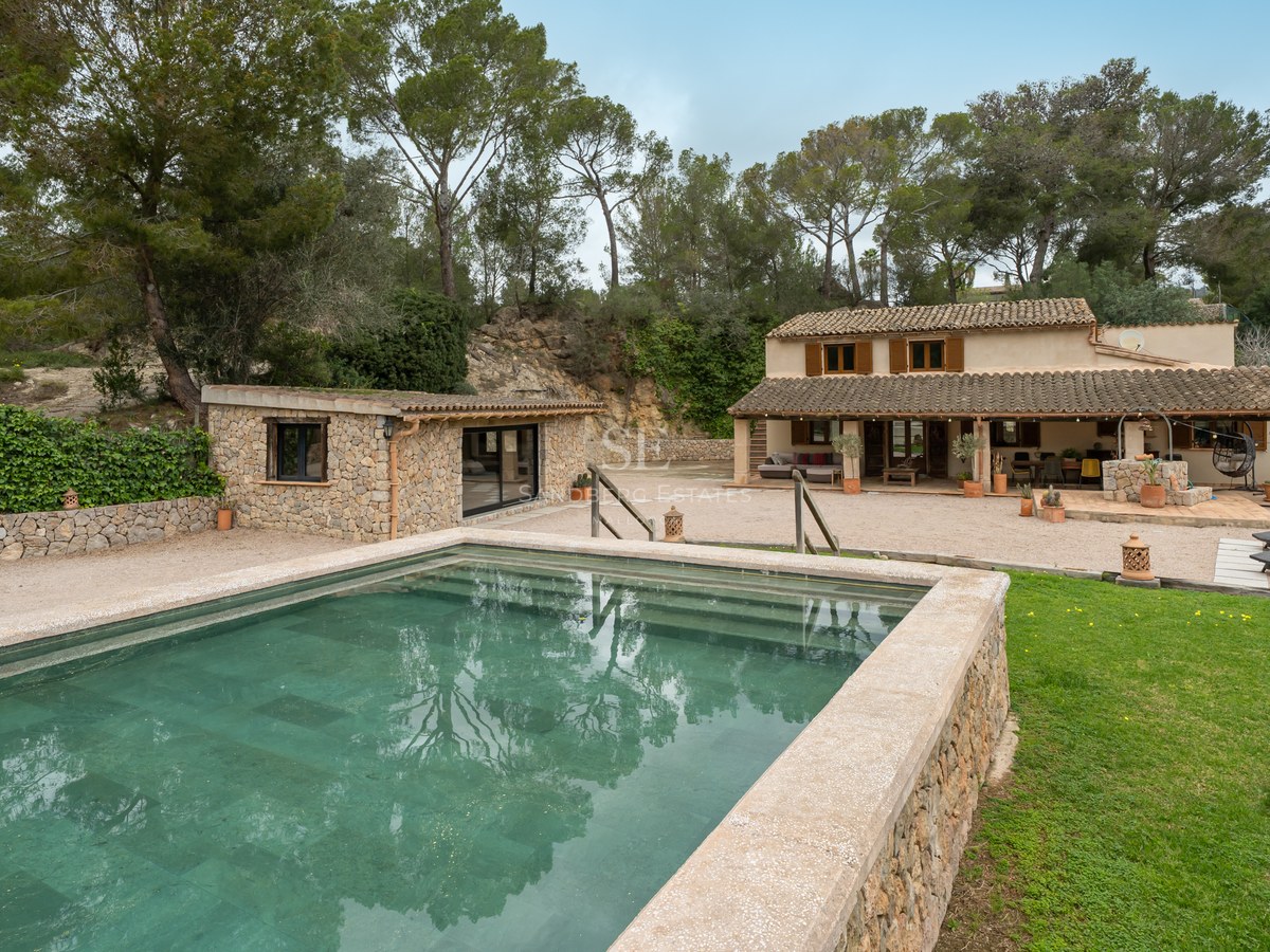 Piscine extérieure avec bordures en pierre devant une villa méditerranéenne rustique entourée de pins.