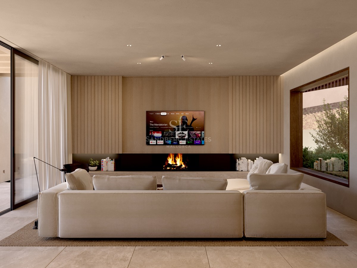 Vaste salon avec canapé d'angle beige, cheminée linéaire et mur TV orné de panneaux de bois clair.
