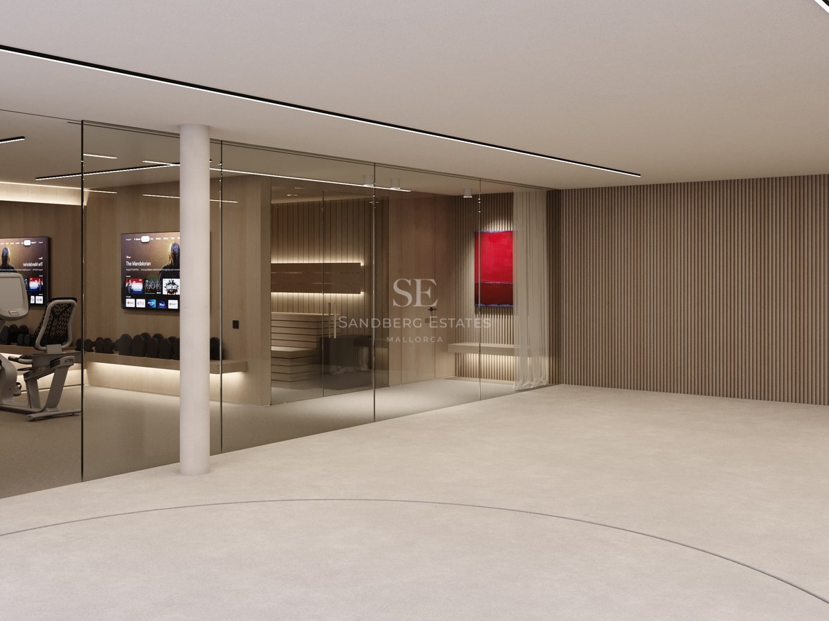 Espace fitness moderne avec cloisons en verre, boiseries claires et équipements de sport professionnels.