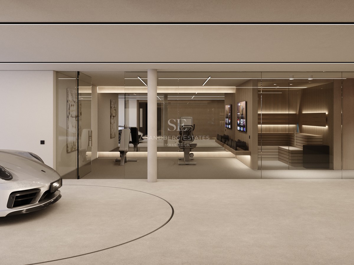 Voiture de sport argentée sur plateforme tournante dans un garage minimaliste avec salle de sport et sauna vitrés.