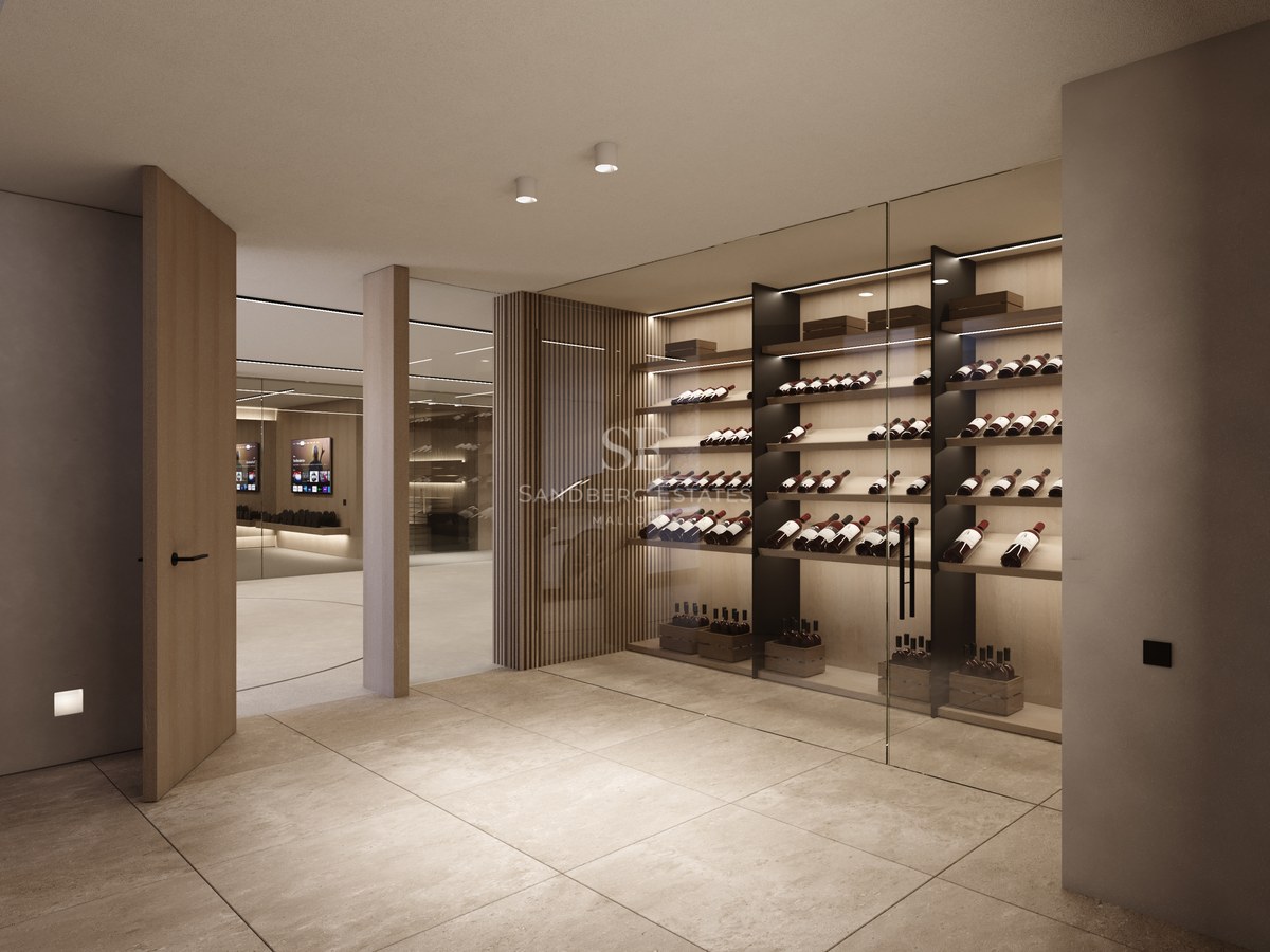 Vue d'une luxueuse cave à vin avec étagères en bois rétroéclairées derrière des parois en verre.