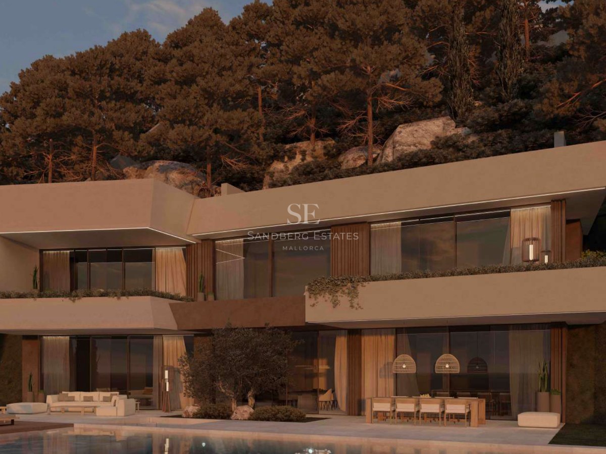 Vista crepuscular de una villa contemporánea de dos niveles con grandes ventanales, iluminación LED y piscina.