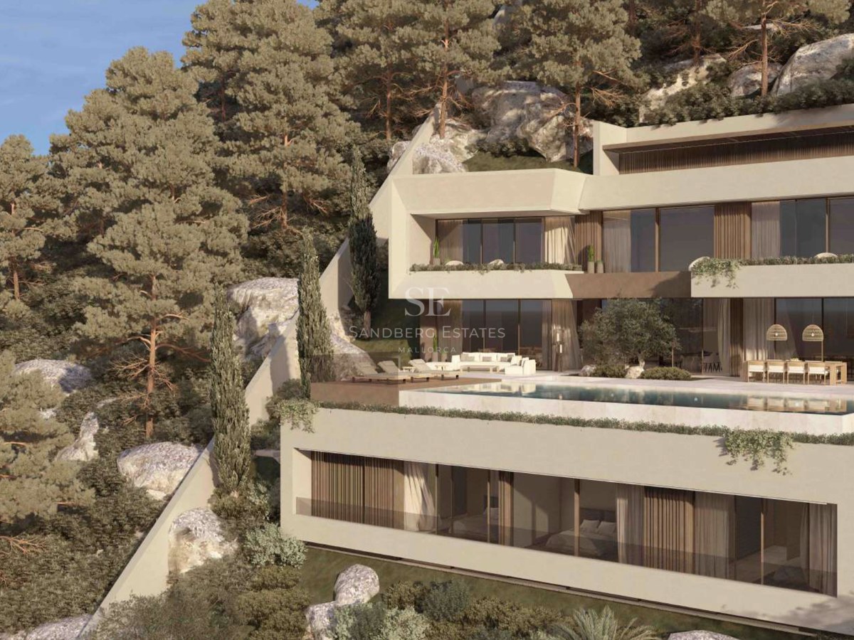 Villa moderna de tres niveles integrada en una ladera rocosa con piscina infinita y terrazas rodeada de pinos.