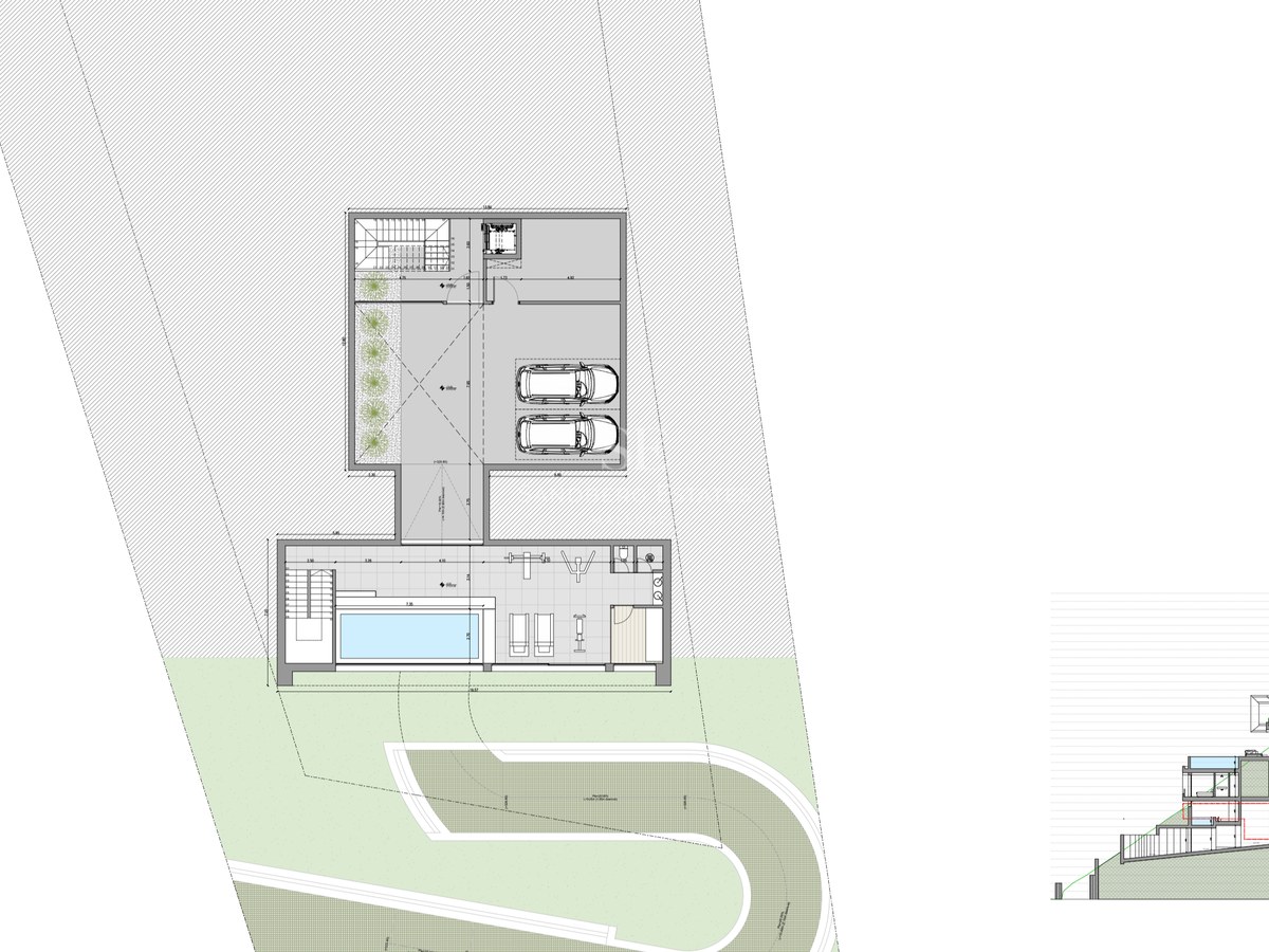 Plano técnico y sección vertical de una villa de lujo multinivel con garaje y zona de bienestar.