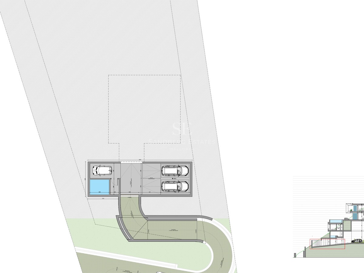 Dibujo técnico de una villa de lujo en ladera que muestra la sección multinivel y el acceso al garaje.
