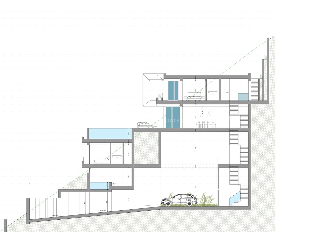Dibujo técnico de sección transversal que muestra la distribución multinivel de una villa moderna en una colina.