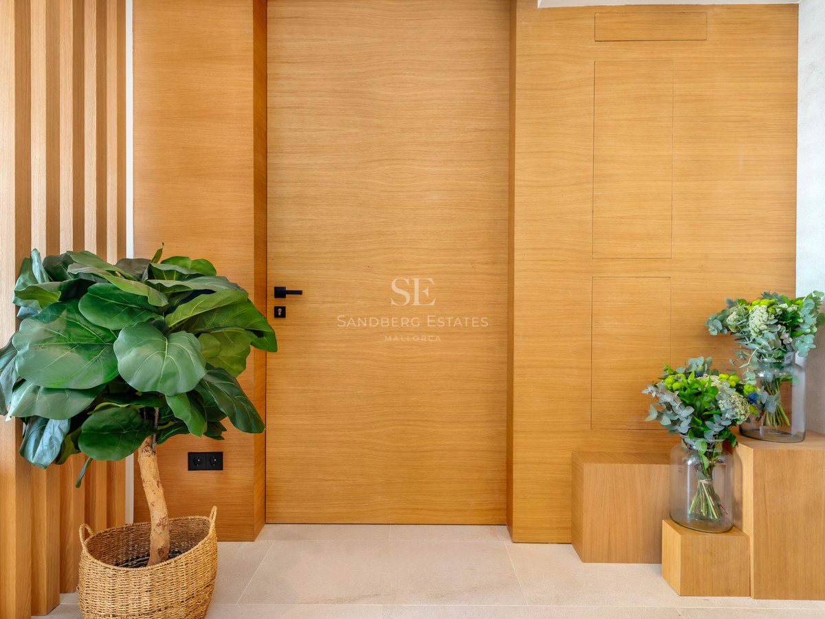 Puerta de roble claro de suelo a techo con paneles de pared a juego, manivela negra y planta en cesta de mimbre.