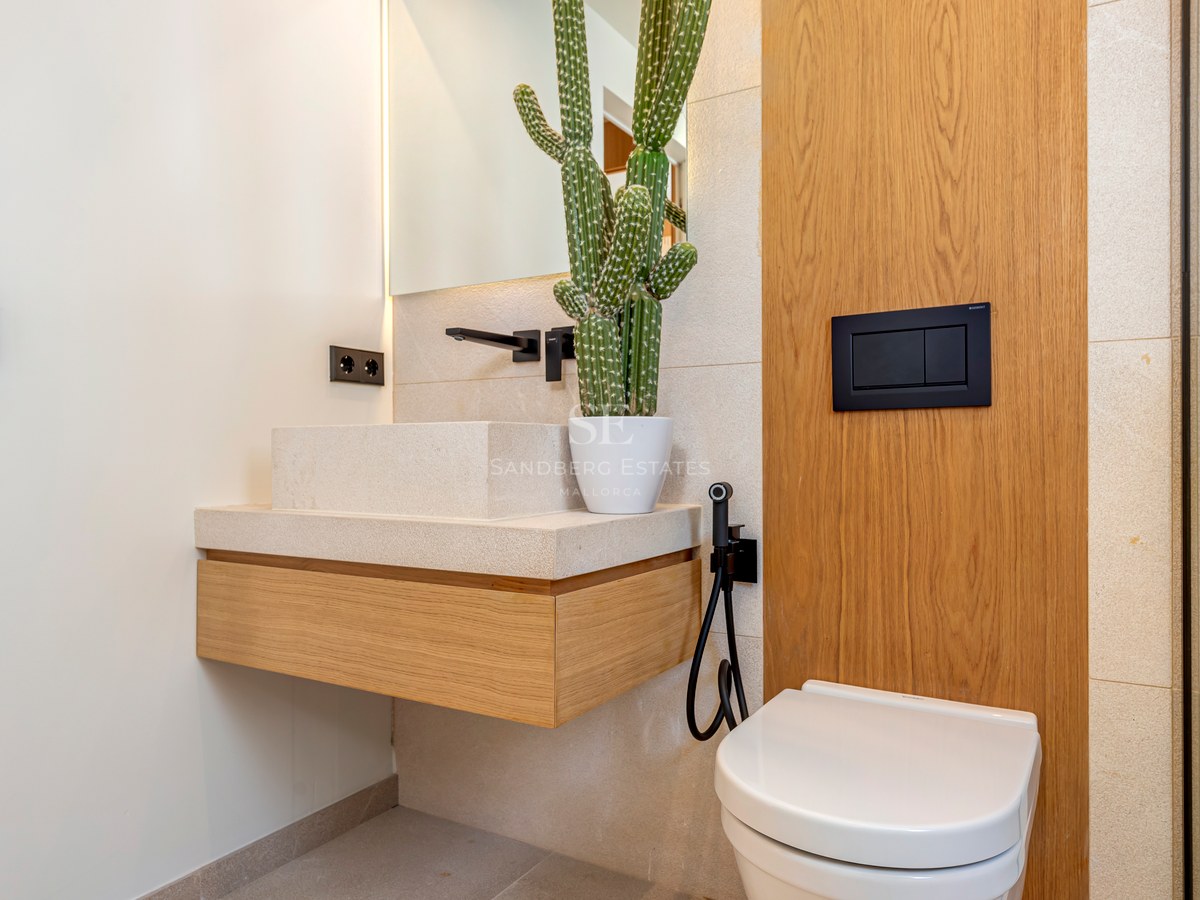 Baño moderno con lavabo de piedra suspendido, mueble de roble, grifería negra mate y cactus decorativo.