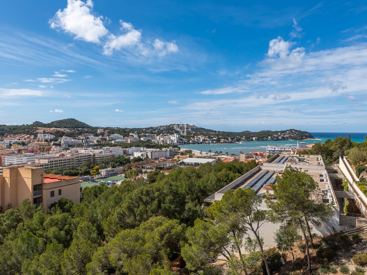 Vista elevada de un pueblo costero mediterráneo con mar azul, bosques de pinos y montañas bajo un cielo despejado.